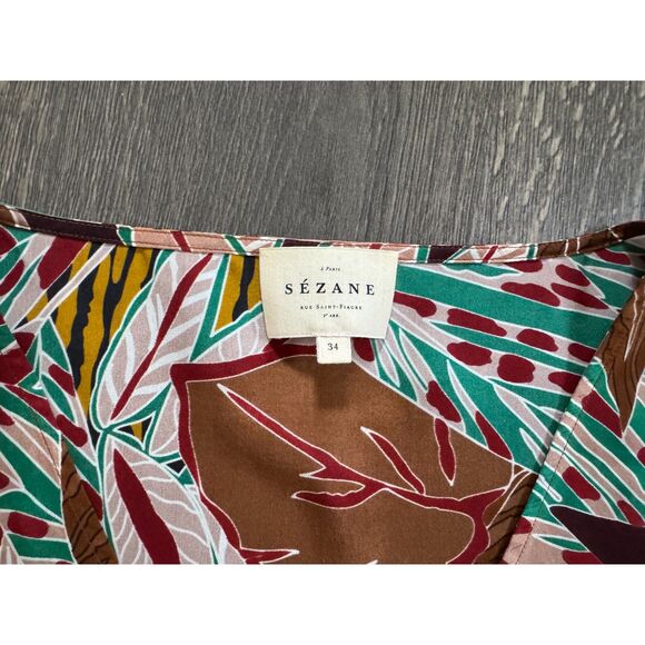 Sezane Silk Short Sleeve Button Up V-Neck Blouse Brown Green Red 34 / 2 / XS - Picture 2 of 3